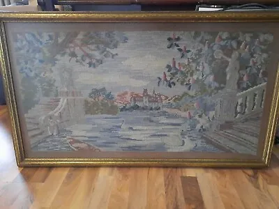 Antique European Handmade Tapestry Framed Needlepoint Swans Water Castle 43x25 • $160