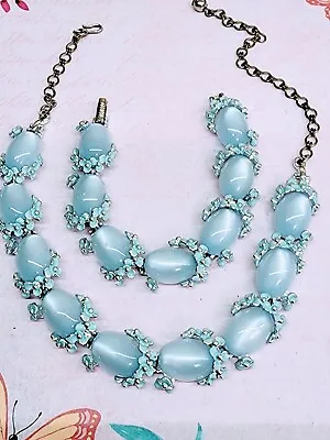 $48 • Buy Vtg. 1950's Coro? Pale Blue Moonglow Cabachons & Enamel Blue Necklace & Bracelet