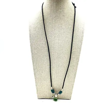 Minnie Signed Glass Turtle Pendant Necklace Black Cord Green Liquid Silver Tone • $12.74