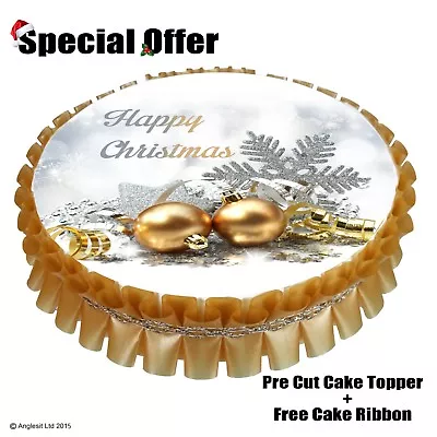 BEAUTIFUL HAPPY CHRISTMAS CAKE SET A/6 : 7 / 18CM EDIBLE WAFER TOPPER DECORATION • £5.59