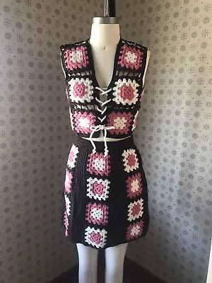 Vintage 70's Granny Square Handmade Skirt Laced Top Dress Crochet Set Pink Brown • $125