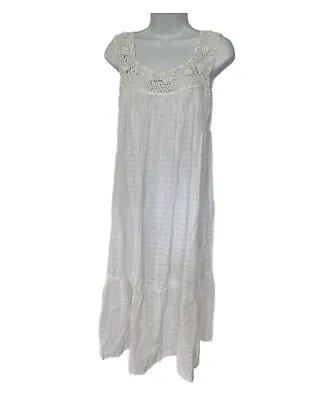 Vintage 70s White Cotton Gauze Crochet Hippie Boho Beach Dress • $45