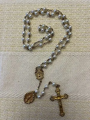 Faux White Glass Pearl Beads Rosary Vintage Miraculous Medal PURITY Heart Center • $12.95