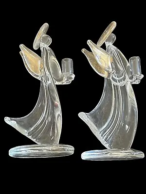 Murano Ferro & Lazzarini Art Glass Angel Candle Holders Gold Adventurine Halo • $110