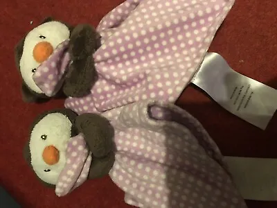 LITTLE MIRACLES COSTCO OWL Penguin PURPLE SPOTTY COMFORTER BLANKET DOU BLANKIE • £12