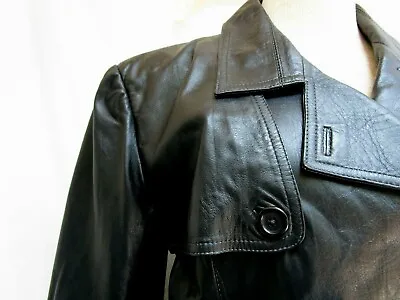 VTG 60's 70's..GENUINE LEATHER..BLACK..WOMEN'S..DOUBLE BREASTED..TRENCH..COAT..L • $119.99