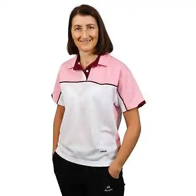 Henselite Ladies Lawn Bowling Madrid Polo. White Pink & Burgundy. FREE DELIVERY • £36.99