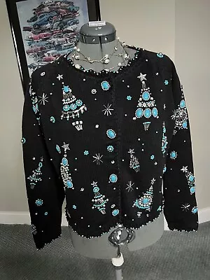 Michael Simon M L Turquoise Beaded Christmas Tree Sweater Cardigan Mothers Day • $150