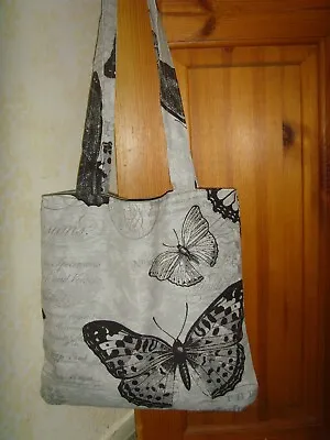 IN GREY AND BLACK COTTON  PRINT  15in LARGE SHOULDER TOTE  Bag  LINED BUTTERFLY • £9.99