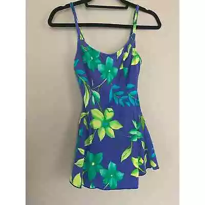 Cole Of California Vintage Swim Dress Size 8 Blue Green Floral Hawaiian Tropical • $17.99