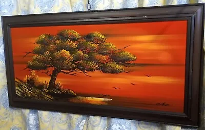 Original Oil On Board Vintage Painting Signed By Cho Tree At Sunset On The Ocean • $149.99