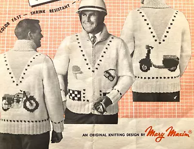 Motorcyle & Scooter Men's Zip Cardigan 1961 Mary Maxim Knitting Pattern  38-44 • $12.84