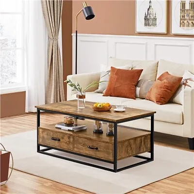 Rusitc Brown Coffee Table With Open Storage Shelves And Drawers For Living Room • £99.99