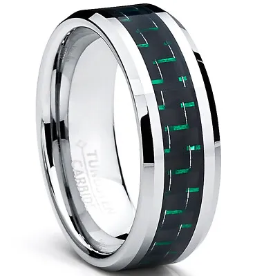 9MM Men's Tungsten Carbide Ring W/ BLACK & GREEN Carbon Fiber Inaly • $17.99