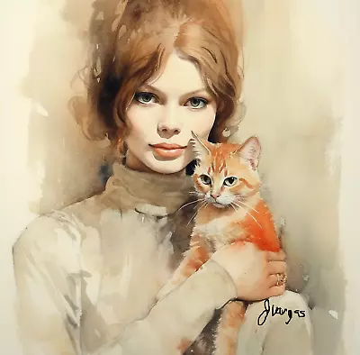 Watercolor 1970s Vintage Cat Painting Art Print 8.5 X11 • $15.99