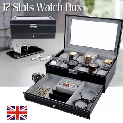 12 Grids PU Leather Watch Glass Display Boxes Storage Holder Box Double Layer • £20.97