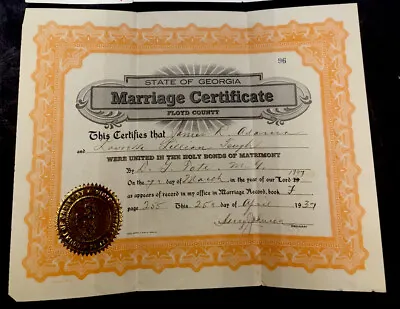 Vintage 1897 Marriage Certificate - Floyd County Georgia • $7