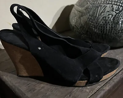 Ugg Hazel Sandals Open Toe Black Suede Wedges Ankle Straps #1771 Size:9 • $40