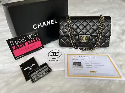 $5999 • Buy CHANEL Vintage Black Medium Classic Double Flap Bag 24k Gold HW FULL SET!