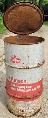 Vintage Amoco Oil Drum Barrel Garbage Can Gas Oil Advertising Automotive W/ Lid • $79.99