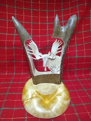 Carved Moose Antler Sculpture Art Moose & Cattails On Wooden Base • $500