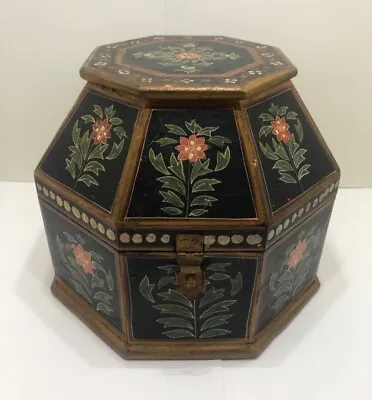 RARE Vintage/Antique Indian Octagonal Wood Mughal Box Handpainted Floral 8” • $154.99