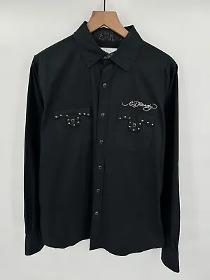 Ed Hardy By Christian Audigier Pearl Snap Shirt Mens Size Medium Black Skull VTG • $42.49