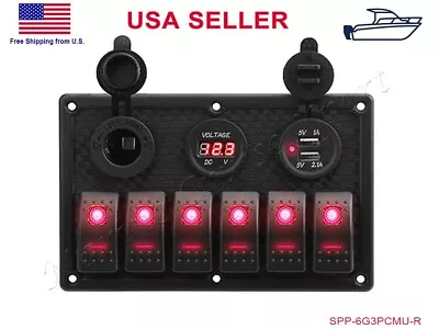 Red 6 Gang Switch Panel Toggle Rocker USB Voltmeter Boat Marine RV Truck Camper • $43.50