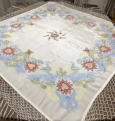 Vintage Mary McFadden Piano Scarf  Embroidered Shawl  Floral Fringe Table Cloth • $75