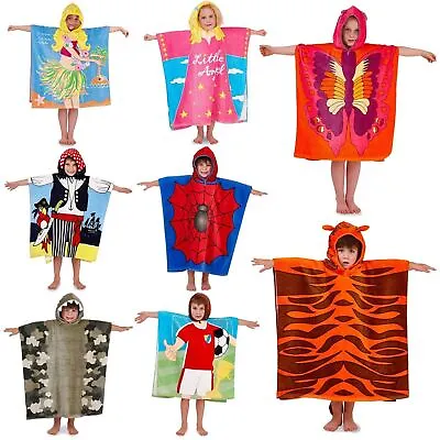 Kids Hooded Towelling Ponchos 100% Cotton Novelty Beach Towel Hoodie Blanket • £7.99