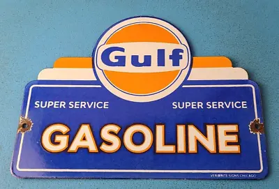 Vintage Gulf Gasoline Porcelain Super Service Gas Oil Filling Station Pump Sign • $139.47