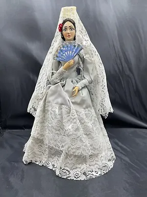 Vtg Spanish Latin Flamenco Dancer Doll 13” Blue Fan Grey Dress Red Hair Flower • $9.99