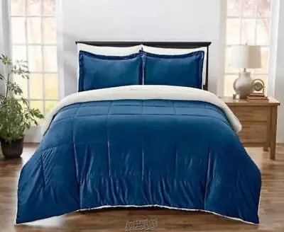Ultra-Soft Sherpa Comforter Set Navy King • $89.99