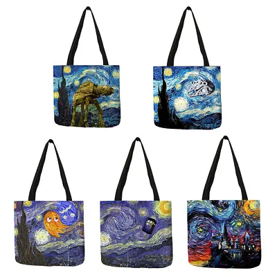 Starry Night Painting Van Gogh Linen Tote Bags Star Wars Tardis Eco-Friendly Bag • £9.44