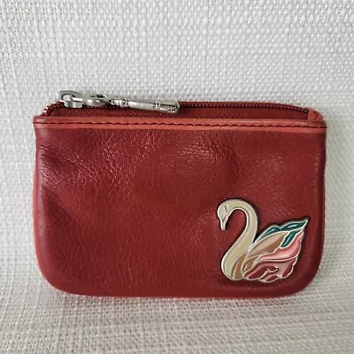 Vintage Fossil Leather Zippered Coin Purse Card Holder Painted Enamel Swan  • $16.95