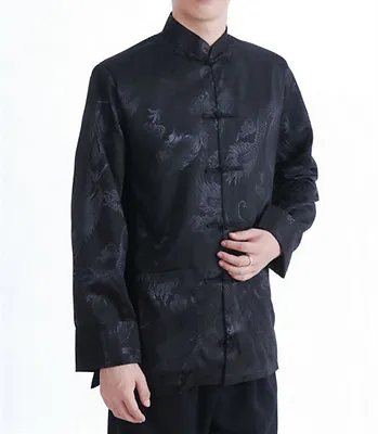 £21.99 • Buy New Chinese Oriental Mens Kung Fu Black Satin Dragon Top Long Shirt