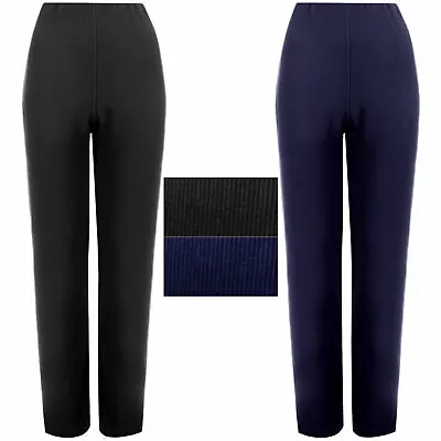 Pack Of 2 Ladies Womens Straight Leg Ribbed Trousers Stretch Pull On Pants 8-26 • £13.99