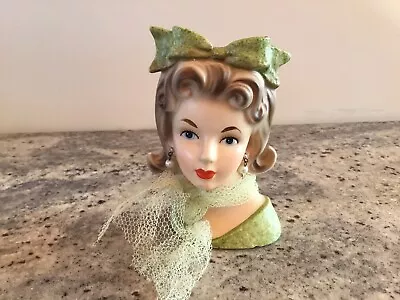 Vintage Lady Head Vase Relpo K1696 With Earrings Green Bow- Broken Neck • $65