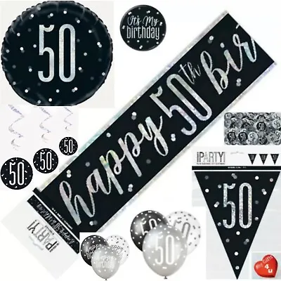 Black Silver Age 50th & Happy Birthday Party Decorations Bunting Balloons Banner • £2.50