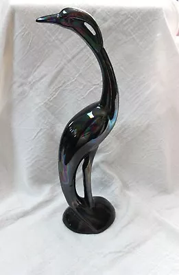 Vintage Blued Black Ceramic Egret Bird Statue Sculpture Heron 14.5  Tall • $22