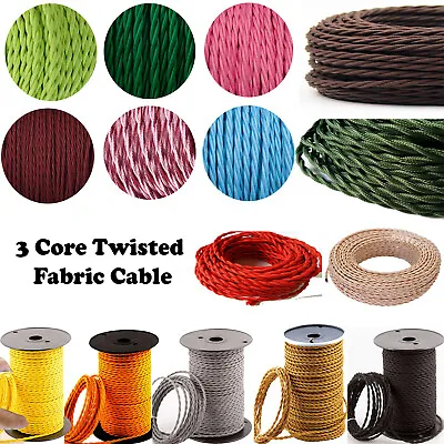 3 Core Twisted Vintage Italian Wire Coloured Fabric Braided Cable Lamp Cord Flex • £2.59