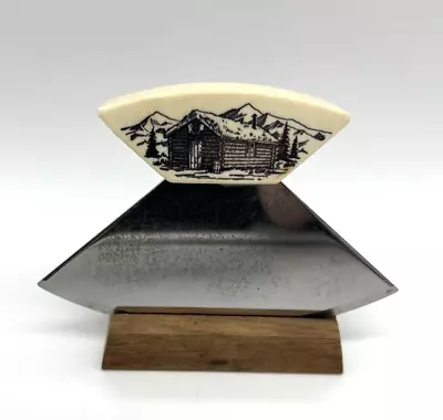 Vintage Ulu Faux Scrimshaw Knife With Wood Stand Cabin Mountain Scene • $17.50