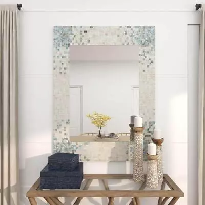 Litton Lane Wall Mirror 36 X48  Handmade Mosaic Rectangle Framed Cream Blue • $268.99