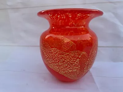 Signed MDINA Glass Malta Vase Swirl Red And Gold Leaf 4.75” Tall • $39.99