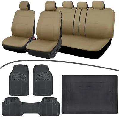 Universal Car Seat Cover Rubber Floor Mats Trunk Cargo Liner Beige/Black • $49.50