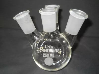 Chemglass 24/40 Joints Glass Angled 4-Neck 250mL Heavy Wall Round Bottom Flask • $58.99