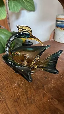 Vintage Murano Style Art Glass Crested Bird Multi-color Candy Dish Bowl Amber • $90