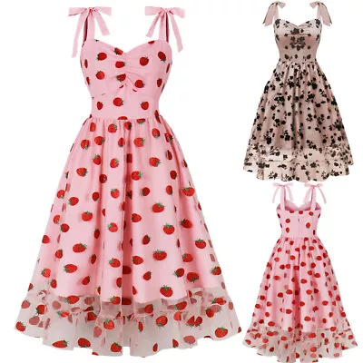 Ladies Vintage Sparkly Strawberry 50'S ROCKABILLY Swing Party Mesh Hepburn Dress • $40.54