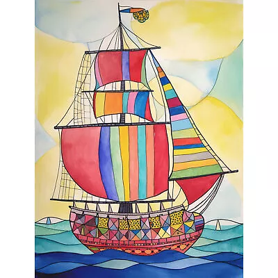 Rainbow Colour Sailing Ship Modern Folk Art Huge Wall Art Poster Print Giant • £18.49