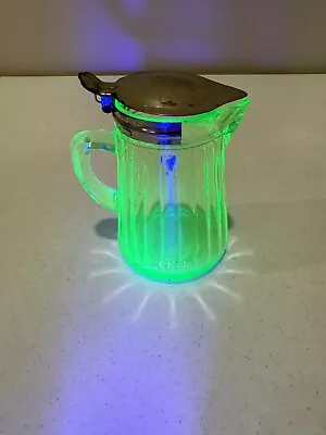 Vintage Uranium Vaseline Glass Green 1920s Syrup Dispenser Pitcher Spring Lid • $59